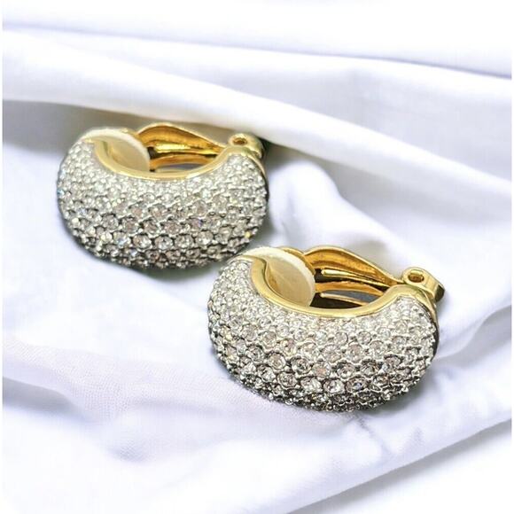 Swarovski Vintage Swan Signed Pave Crystal Rhinestone Clip Ons Hoop Earrings - Picture 16 of 16